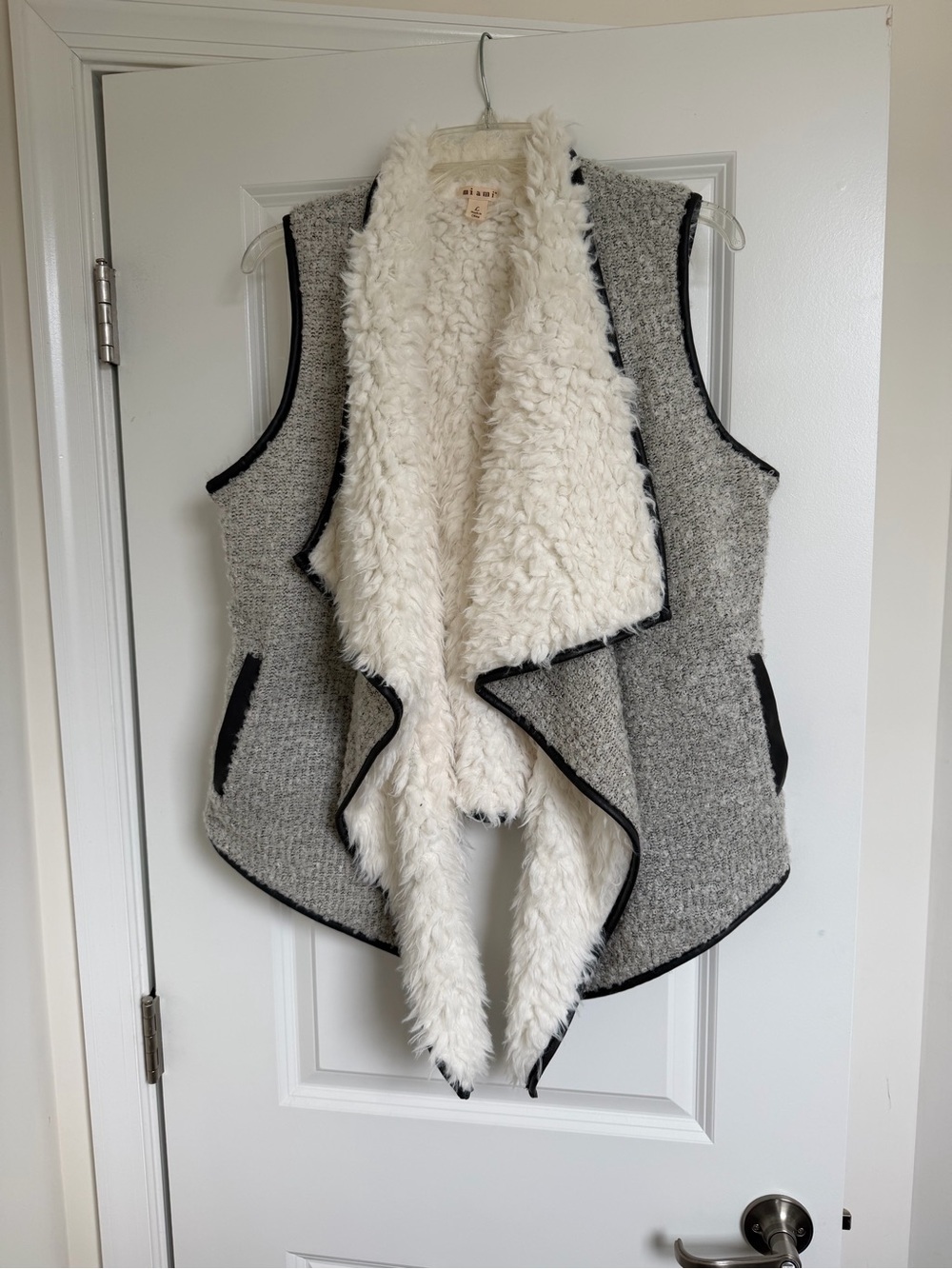 miami Grey Bouclé Vest with Cream Faux-Shearling Trim
